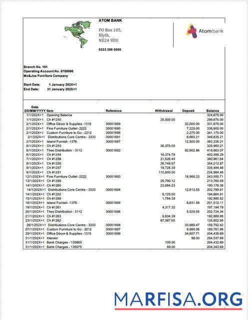 Realistic UK Atom Bank account statement Word and PDF template